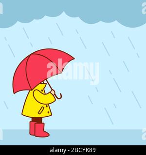 Petit enfant en imperméable jaune avec bottes de pluie et parapluie debout sous la pluie. Illustration vectorielle mignon et simple. Illustration de Vecteur