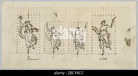 Design pour deux statues Printemps et été. Recherche dans le rectangle Progresshorizontal. Modèles pour deux statues, « Spring » et « Summer », comme illustré en 1938-88-653, chacun illustré deux fois en différentes tailles, à plus grande échelle à l'extérieur et à plus petite échelle à l'intérieur. Design pour deux statues Printemps et été Banque D'Images