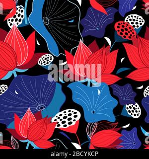 Fond fleuri brillant sans couture avec lotus rouges et feuilles sur fond sombre Illustration de Vecteur