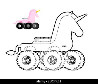 Livre de coloriage de Monster Truck unicorn. Voiture animale sur grandes roues. Illustration vectorielle Illustration de Vecteur