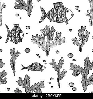 Illustration vectorielle avec des algues d'esquisse et des poissons sur fond blanc. Modèle marin sans soudure avec algues, poissons et bulles. Livre de pages de coloriage an Illustration de Vecteur