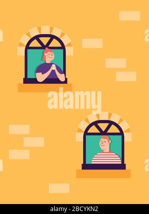 les personnes en quarantaine penchent hors des fenêtres du bâtiment Illustration de Vecteur