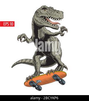 Des manèges de dinosaures sur le skateboard. Illustration vectorielle de style comique. Illustration de Vecteur