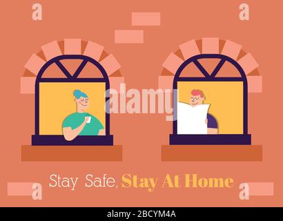 les personnes en quarantaine penchent hors des fenêtres du bâtiment Illustration de Vecteur