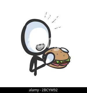 Manger du hamburger. Des aliments rapides malsains. Très affamé. Tiré à la main. Dessin animé stickman. Esquisse Doodle, illustration graphique vectorielle Illustration de Vecteur