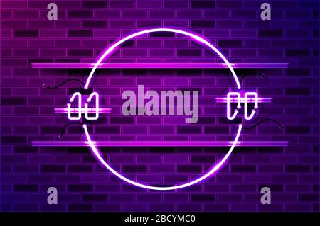 Cadre de cotation rond avec des marques de néon brillant ou de LED de bande. Illustration vectorielle réaliste. Mur de briques violettes, lueur violette, supports métalliques. Illustration de Vecteur