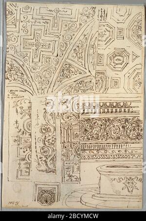 Deux études décoratives de plafonds études Verso de chefs. Recherche dans ProgressTwo études décoratives de plafonds; trois candelabra; frise avec arbre et emblème; Verso: Tête barbares en profil; barbarienne avec cornucopia détails de l'ancienne deux études décoratives de plafonds études de Verso des chefs Banque D'Images