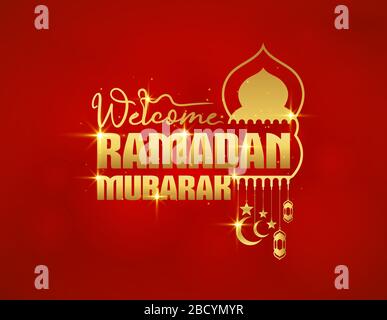 Bienvenue Ramadan Mubarak carte de vœux, affiche et bannière. Décoration islamique créative dorée sur fond rouge. Illustration d'une mosquée décorée d'esprit Illustration de Vecteur