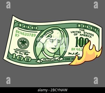 Dessin animé tiré à la main de 100 dollars sur le feu avec Franklin tenant la tête dans les mains. Crise financière, perte d'argent, crise économique. Clip vectoriel isolé art Illustration de Vecteur