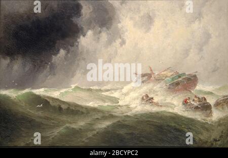 Le Wreck. Le Wreck montre un bateau de sauvetage qui s'éloigne d'un bateau en naufrage, avec une tempête qui s'approche de la gauche. Bien que les bateaux à vapeur du XIXe siècle aient rendu le voyage maritime plus prévisible, la puissance et l'immensité de l'océan demeurent une source de fascination pour de nombreux artistes. Banque D'Images