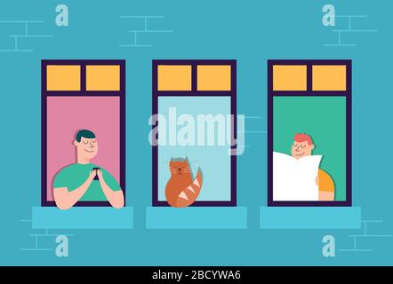 les personnes en quarantaine penchent hors des fenêtres du bâtiment Illustration de Vecteur