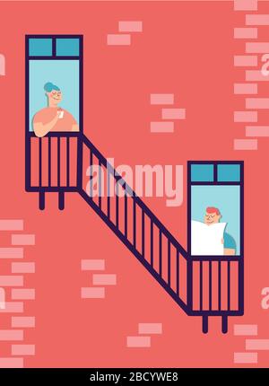 les personnes en quarantaine penchent hors des fenêtres du bâtiment Illustration de Vecteur