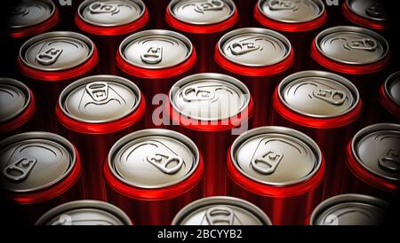Boîtes rouges de boissons sans alcool sans alcool fond. Illustration tridimensionnelle. Banque D'Images
