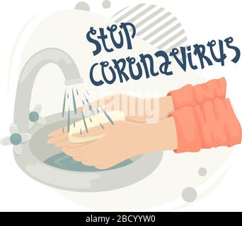 Un homme se lave les mains avec du savon dans l'évier sous l'eau courante du robinet. Arrêter le coronavirus. Illustration de Vecteur