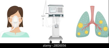 Le patient est allongé à l'hôpital sur un ventilateur. Combattre le coronavirus. Ventilateur, poumons avec covid-19 Illustration de Vecteur