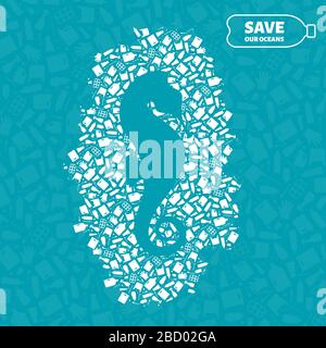 Illustration du concept de pollution des déchets en plastique. Silhouette de poisson marin Seahorse coupée dans un patch en plastique à icône plate. Prévenir le concept écologique de la pollution des océans, les dommages causés à la vie des animaux marins Banque D'Images