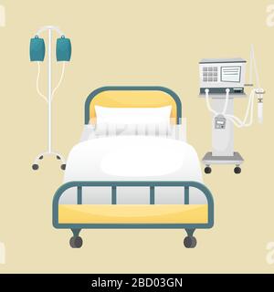 Une chambre d'hôpital avec un lit, une goutte d'eau et un ventilateur. Lutte contre le coronavirus dans les hôpitaux. Illustration de Vecteur