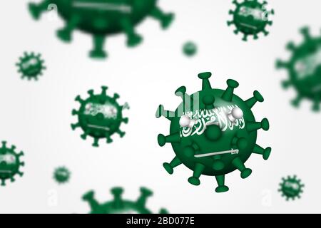 COVID-19 . Virus de la couronne flottante en trois dimensions avec drapeau de l'arabie Saoudite et profondeur de champ . Cause du SRAS , MERS COV et COVID19 chez l'homme . Propagation et moût globales Illustration de Vecteur
