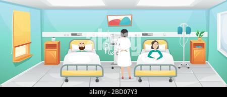 Chambre d'hôpital avec deux lits, tables de chevet et ventilateur. Le médecin est venu aux patients allongé dans le lit. Lutte contre le coronavirus dans les hôpitaux. Illustration de Vecteur