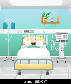 Une chambre d'hôpital avec un lit, une goutte d'eau et un ventilateur. Le patient est allongé dans le lit. Lutte contre le coronavirus dans les hôpitaux. Illustration de Vecteur