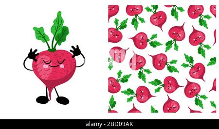 Radish légume personnage mignon kawaii. Modèle de légumes sans couture avec un radis. Illustration vectorielle pour enfants. Illustration de Vecteur