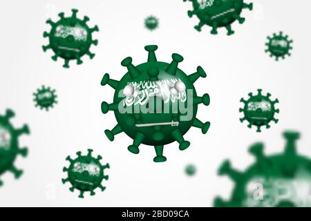 COVID-19 . Virus de la couronne flottante en trois dimensions avec drapeau de l'arabie Saoudite et profondeur de champ . Cause du SRAS , MERS COV et COVID19 chez l'homme . Propagation et moût globales Illustration de Vecteur