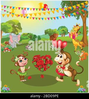 Thème de l'amour. Anniversaire du mariage célébré par les animaux dans l'illustration vectorielle forestière. Illustration de Vecteur