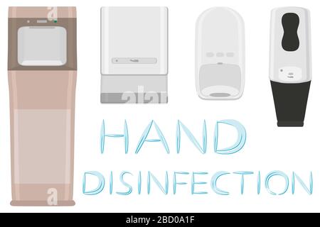 Jeu de différents modèles de solution désinfectante dans le distributeur de savon pour la désinfection. Désinfection composée d'un désinfectant accessoire dans le distributeur de savon. Aseptisant dans ainsi Illustration de Vecteur