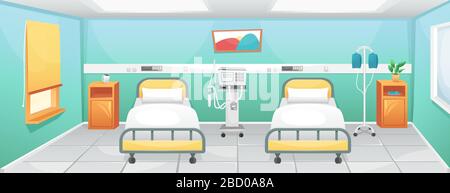 Chambre d'hôpital avec deux lits, tables de chevet et ventilateur. Lutte contre le coronavirus dans les hôpitaux. Illustration de Vecteur