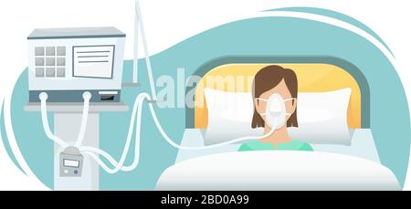 Le patient est allongé à l'hôpital sur un ventilateur. Combattre le coronavirus. Illustration de Vecteur