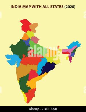 Inde nouvelle carte avec le nom des Etats. Inde map 2020. Nouvelle division des États en Inde. Illustration de Vecteur