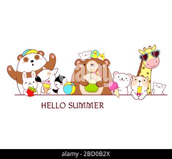 Bonjour l'été. Bordure horizontale avec animaux mignons dans le style kawaii. Panda, ours, lapin, chien, chat et oiseaux avec glace et fraise. Vecteur illust Illustration de Vecteur