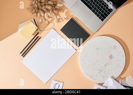 vue de dessus de la feuille de papier, des spiquets de lagurus, des stylos, des blocs-notes, des planches de marbre, des échantillons de couleurs et des ordinateurs portables sur fond beige Banque D'Images