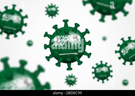 COVID-19 . Virus de la couronne flottante en trois dimensions avec drapeau de l'arabie Saoudite et profondeur de champ . Cause du SRAS , MERS COV et COVID19 chez l'homme . Propagation et moût globales Illustration de Vecteur