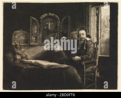 Abraham Francen Apothecary. La recherche en Progressa MAN est assis devant une table, face à gauche, tenant un imprimé dans ses mains, avec le dos contre une fenêtre ouverte. Un livre et d'autres objets sont sur la table, les images sur le mur incluent un triptyque avec le Crucifixion comme sujet du panneau central. Abraham Francen Apothecary Banque D'Images