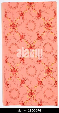 Papier de plafond. Recherche en ProgressLarge trellis de rouleaux, bouquets floraux et vignes avec couronnes foliantes dans les espaces carrés qui en résultent. Masse rose. Imprimé en roses, vert métallique clair et vert métallique foncé. Imprimé en selvedge: 'Howell & Brothers, 1521 W'. Papier de plafond Banque D'Images