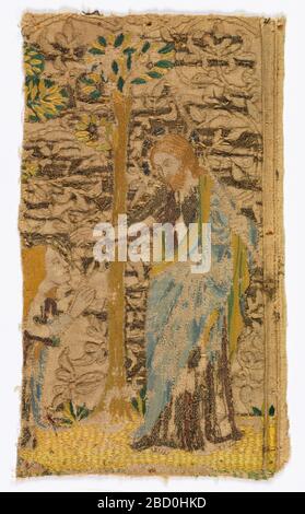 Fragment. Recherche en progression Fragment d'une broderie picturale, 'Noli Me Tangere.' Christ apparaissant à Marie Magdalen dans le jardin. Devant un arbre, Christ avec la main s'étire à Magdalen, s'agenouillant à gauche. Fragment Banque D'Images