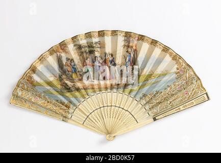 Ventilateur plissé. Recherche en ventilateur ProgressPleated avec une feuille de papier lithographiée de couleur manuelle. Obverse: Une fête de chasse avec des personnages en robe Renaissance avec des faucons. Bord de feuille d'or avec bordure fleurie sur le dessus. Ventilateur plissé Banque D'Images