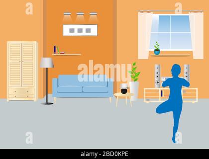 Silhouette de femme exercice yoga dans la salle de séjour. Illustration de Vecteur