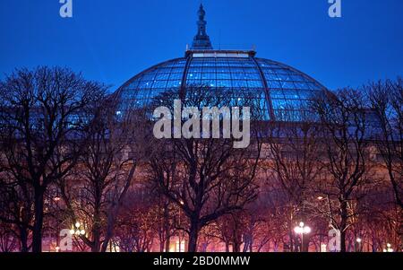 PARIS, FRANCE : Grand Palais dôme en verre entre champs Elysées et Seine, avec un éclairage époustouflant de l'exposition Michael Jackson au mur Banque D'Images