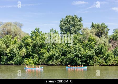 Tokaj, Hongrie - 12 mai 2018 : groupe de jeunes en canoë sur la rivière Tisza Banque D'Images
