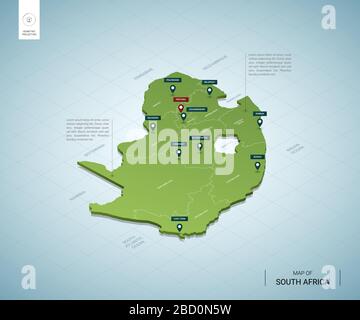 Carte stylisée de l'Afrique du Sud. Carte verte isométrique tridimensionnelle avec villes, frontières, capitale Pretoria, régions. Illustration vectorielle. Les calques modifiables sont clairement pratiques Illustration de Vecteur