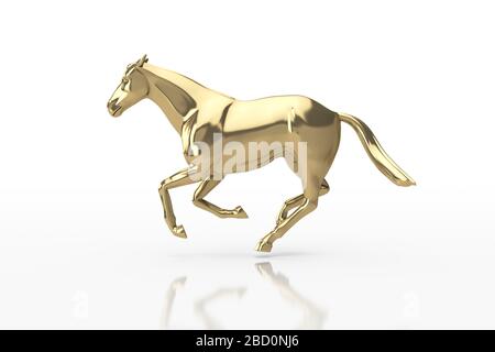 3D Illustration. Or brillant cheval fort dans une posture de course élégante, isolé sur fond blanc. Concept de planification et de leadership de la stratégie d'entreprise. Banque D'Images