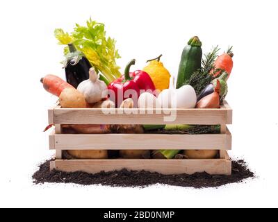 Légumes biologiques dans une boîte rustique en bois et un topsol isolé sur fond blanc Banque D'Images