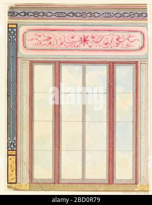 Décoration de fenêtre avec panneau d'arabesques et étoiles probablement pour la salle à manger. Recherche dans le rectangle Progressvertical. Design pour le Pavillon Royal, Brighton. Une grande double fenêtre, flanquée de deux panneaux de verre étroits. Panneaux de travail en treillis sur les côtés. Décoration de fenêtre avec panneau d'arabesques et étoiles probablement pour la salle à manger Banque D'Images