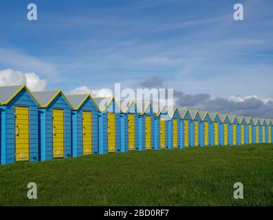 Ligne colorée de cabanes de plage avec herbe et ciel bleu. Pas de gens. Banque D'Images