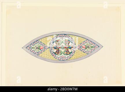 Design pour une fenêtre en verre pour le plafond avec revêtement dans la salle de musique. Recherche dans le rectangle Progressvertical. Design pour le Pavillon Royal, Brighton. Un panneau en forme de losange. La conception centrale est composée de deux insectes ailés disposés symétriquement dans un cercle. Design pour une fenêtre en verre pour le plafond avec revêtement dans la salle de musique Banque D'Images