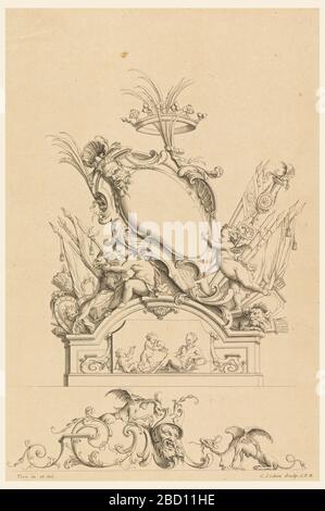 Design pour Cartouche avec Crown Two Putti servant Bacchus et deux Lions de la cartouche Nouvelle Eventez. Recherche en ProgressCartouche sur socle, soutenue par putti avec le chef de satyr. Armes/bannières avec lions. Partie inférieure - tête d'un homme flanqué de deux griffins. Design pour Cartouche avec Crown Two Putti servant Bacchus et deux Lions de la cartouche Nouvelle Eventez Banque D'Images