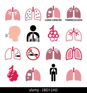 Les poumons, les icônes de vecteur de maladie pulmonaire définies - tuberculose, cancer, poumons du fumeur - concept de santé Illustration de Vecteur