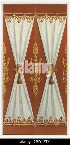 Flanc. Recherche en cours'Ridde satin blanc.' Sur sol floqué de couleur rouille, tissu blanc drapé simulé ou draperie sur chacun des deux panneaux de papier peint. Flanc Banque D'Images